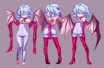  1girl bare_shoulders barefoot bat_wings bodysuit boots elbow_gloves from_behind gloves high_heels highres holding_boots looking_at_viewer multiple_views pillow purple_bodysuit red_footwear remilia_scarlet shimizu_pem short_hair thigh_boots thighhighs touhou wings zipper 