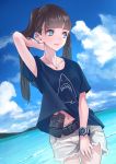  1girl arm_up bangs blue_sky blunt_bangs brown_hair day dutch_angle ear_piercing earrings eyebrows_visible_through_hair glock gun handgun highres jewelry koh_(minagi_kou) looking_to_the_side navel necklace original outdoors piercing shirt short_shorts shorts sky t-shirt twintails watch water weapon wristwatch 