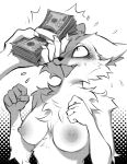  2020 anthro blush bodily_fluids breasts canid cheek_tuft chest_tuft disembodied_hand duo erect_nipples facial_tuft falvie female fur hi_res holding_object mammal money monochrome nipples simple_background sweat sweatdrop tuft 