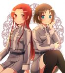  2girls absurdres black_legwear blue_eyes brown_hair closed_mouth dress enokimo_me grey_dress grey_jacket hair_intakes highres jacket long_hair long_sleeves looking_at_viewer multiple_girls pleated_dress red_eyes red_hair ronye_arabel shiny shiny_hair short_dress short_hair sitting smile straight_hair sword_art_online sword_mastery_academy_uniform thighhighs tiese_schtrinen very_long_hair zettai_ryouiki 