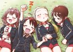  4girls bangs bike_shorts black_shorts brown_hair girls_und_panzer grass gym_shirt gym_uniform hone_(honehone083) isobe_noriko kawanishi_shinobu kondou_taeko long_hair lying multiple_girls on_back on_side ooarai_military_uniform orange_hair sasaki_akebi school_uniform shirt short_hair short_shorts short_sleeves shorts sleeping sportswear volleyball_uniform zzz 