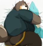  2020 anthro bernese_mountain_dog black_body black_fur black_nose blush brown_body brown_fur butt canid canine canis clothing domestic_dog fur hi_res hug jockstrap kemono male mammal molosser mountain_dog noctnoc overweight overweight_male pillow shirt solo swiss_mountain_dog topwear underwear white_body white_fur 