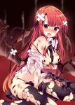  1girl bandaid bangs black_bra black_legwear black_neckwear black_panties black_wings blunt_bangs blush bra breast_hold breasts bruise collared_shirt demon_girl demon_tail demon_wings eyebrows_visible_through_hair head_wings highres injury koakuma long_hair looking_at_viewer maturiuta_sorato medium_breasts necktie nose_blush panties red_eyes red_hair scowl shirt solo tail tears thighhighs torn_bra torn_clothes torn_legwear torn_necktie torn_panties torn_shirt touhou underwear very_long_hair white_shirt wing_collar wings 