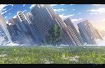  architecture blue_sky building cloud commentary_request fantasy grass highres landscape no_humans original outdoors plant scenery sky skyscraper tree waisshu_(sougyokyuu) 