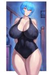  1girl absurdres arms_behind_back ayanami_rei black_swimsuit blue_hair blush breasts cameltoe covered_navel covered_nipples highres huge_breasts impossible_clothes impossible_swimsuit indoors looking_at_viewer mogudan neon_genesis_evangelion open_mouth puffy_nipples red_eyes school_swimsuit shiny shiny_hair shiny_skin short_hair solo standing swimsuit thick_thighs thighs 