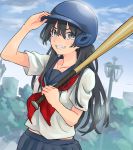  1girl :d absurdres adjusting_headwear bangs baseball_bat baseball_helmet bench black_hair blue_sailor_collar blue_skirt breasts cloud commentary cowboy_shot dutch_angle furrowed_eyebrows grey_eyes grin hair_between_eyes hand_on_headwear helmet highres holding irenji lamppost long_hair looking_at_viewer midriff_peek neckerchief open_mouth park_bench pleated_skirt red_neckwear sailor_collar saten_ruiko school_uniform serafuku shirt skirt sky small_breasts smile solo sweatdrop to_aru_kagaku_no_railgun to_aru_majutsu_no_index tree white_shirt 