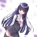  1girl ascot bangs black_dress black_hair black_legwear blunt_bangs collared_shirt commentary_request dress dress_shirt eyebrows_visible_through_hair hand_up inu_x_boku_ss long_hair long_sleeves looking_at_viewer motion_blur petals purple_eyes shirakiin_ririchiyo shirt sleeveless sleeveless_dress solo thighhighs tsukiman v-shaped_eyebrows very_long_hair white_background white_neckwear white_shirt 