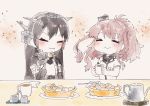  2girls anchor bangs black_gloves black_hair blush breast_pocket breasts brown_hair closed_eyes coat collar commentary cup dessert eating eyebrows_visible_through_hair food fork gloves hair_ornament handkerchief headgear highres holding holding_cup holding_fork kantai_collection kettle long_hair multiple_girls nagato_(kantai_collection) nami_nami_(belphegor-5812) partly_fingerless_gloves pie plate pocket remodel_(kantai_collection) saratoga_(kantai_collection) scarf short_sleeves sidelocks smile smokestack_hair_ornament snack table teacup twitter_username upper_body 