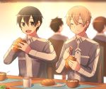  4boys :d :t bangs black_eyes black_hair blurry blurry_background bread closed_eyes eating enokimo_me eugeo eyebrows_visible_through_hair food grey_jacket hair_between_eyes highres holding holding_food indoors jacket kirito light_brown_hair long_sleeves multiple_boys open_mouth shiny shiny_hair smile sword_art_online sword_mastery_academy_uniform twitter_username uniform 