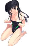  1girl bare_shoulders barefoot black_hair black_swimsuit breasts brown_eyes cleavage collarbone commentary_request competition_swimsuit head_tilt highleg highleg_swimsuit highres idolmaster idolmaster_shiny_colors long_hair looking_at_viewer mayuzumi_fuyuko medium_breasts mibu_natsuki one-piece_swimsuit simple_background sitting smile solo swimsuit swimsuit_pull two_side_up wariza wet white_background 
