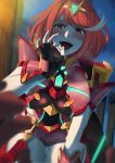  1girl bangs black_bean black_gloves blush breasts chest_jewel fellatio_gesture fingerless_gloves gem gloves hand_on_thigh headpiece highres homura_(xenoblade_2) large_breasts leaning_forward looking_at_viewer open_mouth oral_invitation red_eyes red_hair red_shorts sexually_suggestive short_shorts shorts shoulder_armor swept_bangs thighs tiara xenoblade_(series) xenoblade_2 