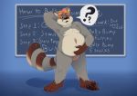  anthro belly big_belly canid canine canis chalkboard featureless_crotch fusion hybrid male mammal merging nude overweight overweight_male pawpads plantigrade raccoon_dog solo standing tanuki text the-b3ing thought_bubble wolf 
