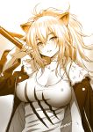  1girl animal_ears arknights breasts choker cleavage covered_nipples eyebrows_visible_through_hair fur_trim hair_between_eyes highres jacket kazuma_muramasa large_breasts lion_ears long_sleeves looking_at_viewer monochrome open_clothes open_jacket ponytail shirt siege_(arknights) sketch solo zipper 