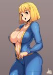  1girl :o artist_name bangs blonde_hair blue_jumpsuit blush breasts brown_background cameltoe cleavage covered_nipples fallout fallout_4 highres jmg large_breasts medium_hair nipples undressing vault_girl vault_suit zipper zipper_pull_tab 