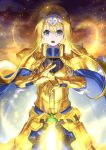  1girl absurdres alice_schuberg armor armored_dress bangs blonde_hair blue_cape blue_eyes braid cape commentary_request dress floating_hair gauntlets gloves gold_armor hairband highres holding holding_weapon huge_filesize long_hair looking_at_viewer metal open_mouth r_(ryo) ribbon shoulder_plates solo standing sword sword_art_online upper_teeth very_long_hair weapon white_hairband 