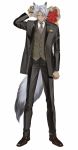  1boy animal_ears bangs black_pants blush bouquet dark_skin dark_skinned_male flower formal genkiniikitaisu highres jack_howl looking_at_viewer male_focus pants short_hair simple_background solo suit tail twisted_wonderland wolf_boy wolf_ears wolf_tail yellow_eyes 