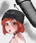  1girl :o anchor_choker bangs bare_shoulders beanie black_eyes black_headwear blush choker commentary eyebrows_visible_through_hair godekasu hat henry_hoover highres open_mouth original personification pipe product_placement red_hair saliva saliva_trail sexually_suggestive shadow short_hair solo sweat swept_bangs tongue tongue_out tube upper_body white_background 