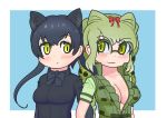  2girls :&lt; :3 animal_ear_fluff animal_ears bangs black_bow black_hair black_leopard_(kemono_friends) black_neckwear black_shirt blue_background blush bow bowtie braid breasts chibi cleavage commentary extra_ears eyebrows_visible_through_hair glasses green_eyes green_hair hair_between_eyes hair_bow kefumiso kemono_friends large_breasts leopard_ears long_hair looking_at_viewer multiple_girls over-rim_eyewear red_bow semi-rimless_eyewear shirt short_sleeves simple_background slit_pupils smile spectacled_caiman_(kemono_friends) twin_braids twintails upper_body 