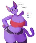  2020 5_fingers absurd_res animal_crossing anthro big_breasts bob_(animal_crossing) bottomwear breasts cleavage clothed clothing crossgender curvy_figure dialogue domestic_cat english_text felid feline felis female fingers fur hand_on_hip hi_res huge_breasts inviting legwear littlesheep looking_at_viewer mammal midriff mtf_crossgender navel nintendo pawpads purple_body purple_fur shorts simple_background slightly_chubby solo speech_bubble standing text thick_thighs thigh_highs video_games voluptuous white_background wide_hips 