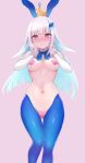  1girl @_@ animal_ears animal_on_head ass_visible_through_thighs bangs bird blue_hair blue_legwear blunt_bangs blush breasts bunny_ears closed_mouth covered_nipples duck hands_on_own_cheeks hands_on_own_face heart_pasties highres hone_kawa lize_helesta long_hair long_sleeves looking_at_viewer maebari medium_breasts meme_attire multicolored_hair navel nijisanji on_head pasties pink_background purple_eyes revealing_clothes reverse_bunnysuit reverse_outfit shrug_(clothing) sidelocks thighs two-tone_hair virtual_youtuber white_hair wrist_cuffs 