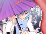  1girl abstract_background absurdres bangs blue_eyes blue_hair blue_vest closed_mouth collared_shirt commentary_request eyebrows_visible_through_hair frilled_sleeves frills hair_between_eyes hair_over_one_eye hands_up heterochromia highres holding holding_umbrella juliet_sleeves karakasa_obake long_sleeves long_tongue oriental_umbrella popped_collar puffy_sleeves red_eyes senzaicha_kasukadoki shirt short_hair smile solo tatara_kogasa tongue touhou umbrella upper_body vest white_shirt 
