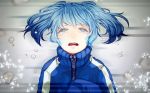  1girl blue_eyes blue_hair blue_jacket collar collared_jacket crying crying_with_eyes_open enomoto_takane jacket kagerou_project long_hair long_sleeves looking_at_viewer nagu open_mouth solo tears turtleneck twintails upper_body upper_teeth zipper 