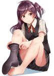  1girl black_legwear black_skirt black_vest brown_eyes buttons collared_shirt commentary_request eyebrows_visible_through_hair fingernails hagikaze_(kantai_collection) highres kamelie kantai_collection lips long_hair neck_ribbon one_side_up pleated_skirt purple_hair red_neckwear revision ribbon shirt short_sleeves simple_background single_thighhigh skirt smile solo thighhighs toenails toes vest white_background white_shirt 