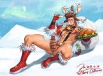  1boy abs alternate_costume anus ass bara blue_eyes boots breath brown_hair censored chest christmas cup deer_boy drinking_glass erection facial_hair fate/grand_order fate_(series) food full_body gloves goatee jin_(sirius-j) looking_at_viewer lying male_focus manly muscle napoleon_bonaparte_(fate/grand_order) navel nipples on_back pectorals penis pouring_onto_self revealing_clothes santa_boots santa_costume santa_gloves scar smile solo 