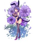  1girl absurdres animal_ears bangs bare_shoulders blush breasts bunny_ears bunny_girl bunny_tail bunnysuit cleavage commentary_request eyebrows_visible_through_hair fake_animal_ears floral_background flower flower_knight_girl full_body garter_straps hair_between_eyes hair_ornament high_heels highres holding holding_flower large_breasts leotard long_hair looking_at_viewer piyoyanagi purple_flower purple_hair solo tail thighhighs translation_request white_background wrist_cuffs 