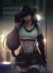  1girl abs arm_guards arm_up armpits black_hair blurry blurry_background breasts cleavage closed_eyes crop_top elbow_gloves english_text final_fantasy final_fantasy_vii final_fantasy_vii_remake gloves long_hair low-tied_long_hair maren_marmulla midriff navel parted_lips pleated_skirt skirt solo stomach subtitled suspenders tank_top tifa_lockhart toned wiping_forehead 
