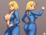  1girl :o artist_name ass bangs blonde_hair blue_jumpsuit blush breasts cameltoe cleavage covered_nipples fallout fallout_4 heart highres jmg large_breasts looking_at_viewer looking_back medium_hair multiple_views naughty_face nipples sideboob signature thighs thumbs_up tongue tongue_out undressing vault_girl vault_suit zipper zipper_pull_tab 
