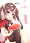  1girl absurdres ahoge anchor_hair_ornament azur_lane bangs black_legwear blunt_bangs blush breasts brown_eyes brown_hair china_dress chinese_clothes cleavage cleavage_cutout commentary_request dress eating eyebrows_visible_through_hair food fruit hair_ornament hairband hairpods highres holding holding_food holding_fruit holding_spoon knees_up long_hair looking_at_viewer open_mouth origami_aya ping_hai_(azur_lane) red_dress sidelocks signature simple_background single_thighhigh sitting small_breasts solo spoon thighhighs twintails very_long_hair watermelon white_background white_hairband wind_chime 