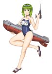  1girl breasts chibiosaka full_body green_eyes green_hair hairband holding kantai_collection machinery medium_breasts medium_hair new_school_swimsuit one-piece_swimsuit open_mouth original school_swimsuit smile solo submarine swimsuit two-tone_hairband watercraft 