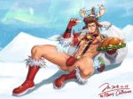 1boy abs alternate_costume anus ass bara blue_eyes boots brown_hair bulge chest christmas cup deer_boy drinking_glass facial_hair fate/grand_order fate_(series) food gloves goatee jin_(sirius-j) looking_at_viewer lying male_focus manly muscle napoleon_bonaparte_(fate/grand_order) navel nipples on_back pectorals pouring_onto_self revealing_clothes santa_boots santa_costume santa_gloves scar smile solo 