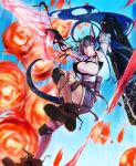  1girl absurdres anaguma_201 animal_ears arknights blaze_(arknights) blue_eyes blue_hair breasts cat_ears chainsaw explosion falling grin hairband highres huge_filesize knee_pads large_breasts long_hair motion_blur red_hairband smile tail 