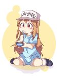  1girl absurdres akhts baseball_cap black_footwear blue_shirt blush brand_name_imitation brown_eyes brown_hair catchphrase clothes_writing eating english_commentary eyebrows_visible_through_hair full_body hat hat_writing hataraku_saibou highres holding holding_spoon long_hair oversized_clothes oversized_shirt platelet_(hataraku_saibou) romaji_text shirt shoes short_sleeves shorts sitting solo spoon utensil_in_mouth very_long_hair wariza white_headwear white_legwear yellow_background yogurt 