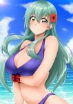  1girl bikini blue_sky breasts cleavage cloud commentary_request cowboy_shot day flower green_eyes green_hair hair_flower hair_ornament horizon kantai_collection large_breasts long_hair looking_at_viewer mikagami_sou ocean outdoors purple_bikini scrunchie sky smile solo suzuya_(kantai_collection) swimsuit 