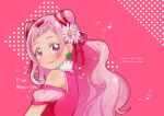  1girl bare_shoulders blush character_request closed_mouth commentary_request english_text eyes_visible_through_hair flower hair_flower hair_ornament highres jewelry lipstick long_hair looking_at_viewer makeup pink_background pink_eyes pink_theme precure precure_all_stars simple_background smile solo upper_body yufu_toyomimasu 