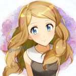  1girl black_shirt blonde_hair blue_eyes braid closed_mouth collarbone floating_hair kanimaru long_hair looking_at_viewer pokemon pokemon_(game) pokemon_xy serena_(pokemon) shiny shiny_hair shirt sleeveless sleeveless_shirt smile solo twitter_username upper_body very_long_hair white_background 