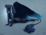  2020 4_toes 5_fingers ambiguous_gender anthro aurru black_body black_feathers blue_body blue_eyes blue_feathers blue_fur digital_media_(artwork) feathers fingers fur grey_background grey_body grey_fur simple_background solo toes 
