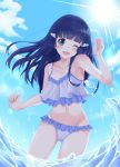  1girl absurdres aoki_reika bangs bikini blue_bikini blue_eyes blue_sky blunt_bangs cloud commentary_request day denshi_rinji frilled_bikini frills groin hair_ornament hairclip highres long_hair looking_at_viewer one_eye_closed outdoors precure sky smile smile_precure! solo swimsuit water 