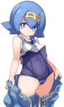  1girl bare_arms bare_shoulders blue_eyes blue_hair blue_sailor_collar blue_shorts blue_swimsuit blush cameltoe closed_mouth covered_navel crop_top hairband highres karukan_(monjya) looking_at_viewer old_school_swimsuit one-piece_swimsuit pokemon pokemon_(game) pokemon_sm sailor_collar school_swimsuit shirt shorts simple_background sleeveless sleeveless_shirt solo suiren_(pokemon) swimsuit white_background white_shirt yellow_hairband 