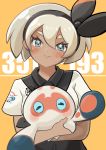  1girl absurdres anpanda aqua_eyes black_bodysuit black_hairband blush bodysuit bodysuit_under_clothes clobbopus collared_shirt commentary_request covered_navel gen_8_pokemon grey_hair gym_leader hair_between_eyes hairband highres holding holding_pokemon looking_at_viewer number orange_background pokemon pokemon_(creature) pokemon_(game) pokemon_swsh print_shirt saitou_(pokemon) shirt short_hair short_sleeves smile tied_shirt 