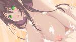  1boy 1girl blush breasts brown_hair green_eyes hair_between_eyes hanging_breasts highres large_breasts long_hair lying nipples nude on_back original out_of_frame parted_lips sidelocks soap soap_bubbles tile_wall tiles wet zenra zhu_guan_ye 