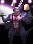  anthro beverage bulge bunny_ear_hat clothing dorsal_fin eye_patch eyewear fin fish genitals hi_res katabreak male marine menu multi_arm multi_genitalia multi_limb multi_penis penis piercing plate platter shark solo standing thick_tail thong underwear waiter 