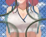  1girl :o afterimage arms_behind_back azur_lane bare_arms bare_shoulders black_hair blue_sky blush breasts bremerton_(azur_lane) bremerton_(scorching-hot_training)_(azur_lane) chain-link_fence cleavage collarbone covered_nipples crop_top crop_top_overhang day fence head_out_of_frame jewelry large_breasts motion_blur motion_lines multicolored_hair navel nayutayutautau necklace nipple_tweak open_mouth outdoors red_hair short_hair sky sleeveless solo sweat twintails two-tone_hair upper_body 