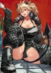  1girl absurdres ankle_boots apron ass_visible_through_thighs black_apron black_gloves black_horns black_tail boots breasts brown_hair cleavage demon_horns demon_tail dorohedoro fang gloves head_tilt highres horns large_breasts leg_up looking_at_viewer nikaidou_(dorohedoro) no_bra open_mouth ponytail red_eyes sitting solo spatula spiked_hair tail thick_thighs thighs yoshio_(55level) 