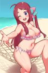  1girl ;d ahoge bikini blue_eyes blush breasts chamame cleavage commentary_request day eyelashes hammock looking_at_viewer minamoto_sakura one_eye_closed open_mouth outdoors outstretched_hand pink_bikini red_hair sand shadow shiny shiny_hair shiny_skin shore sky smile solo spread_legs swimsuit teeth tongue upper_teeth water zombie_land_saga 