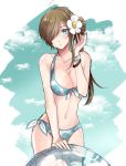  1girl ahoge ari_(bleum) bikini blue_bikini blue_eyes bracelet braid breasts brown_hair cleavage closed_mouth cloud collarbone cowboy_shot crown_braid flower front-tie_bikini front-tie_top groin hair_flower hair_ornament hair_over_one_eye innertube jewelry long_hair looking_at_viewer medium_breasts multicolored multicolored_bikini multicolored_clothes navel shiny shiny_hair side-tie_bikini side_ponytail sky solo standing swimsuit tales_of_(series) tales_of_the_abyss tear_grants transparent very_long_hair white_background white_bikini white_flower 