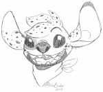  2018 alien black_and_white disney experiment_(lilo_and_stitch) fan_character fur headshot_portrait lilo_and_stitch looking_at_viewer meowimator monochrome neckerchief_only open_mouth open_smile oreo_(citrusdenny) portrait signature simple_background sketch smile solo spots spotted_body spotted_fur white_background 